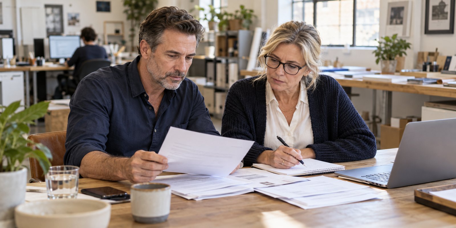 Two business owners reviewing correspondence and making notes together