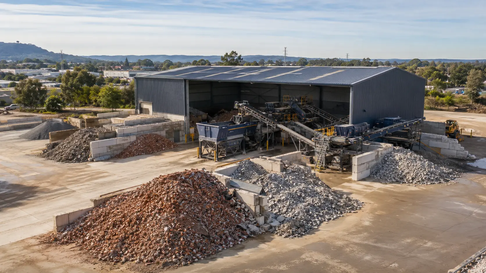 Industrial building-material processing facility with organised stockpiles and equipment