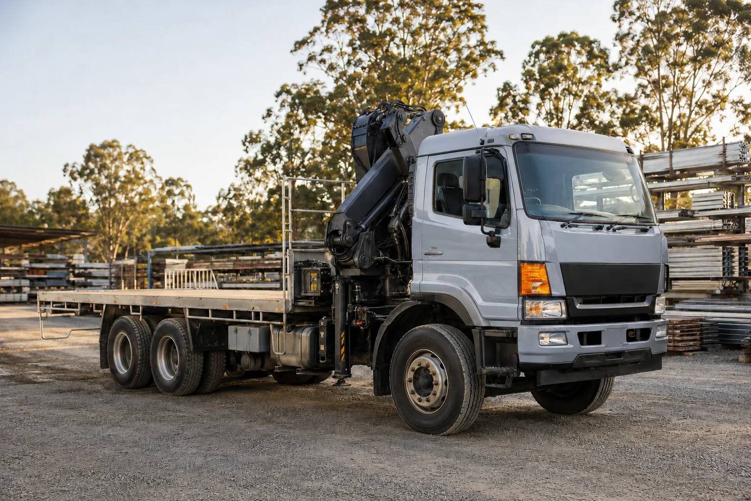 Light silver flatbed work truck with a crane mounted behind the cab