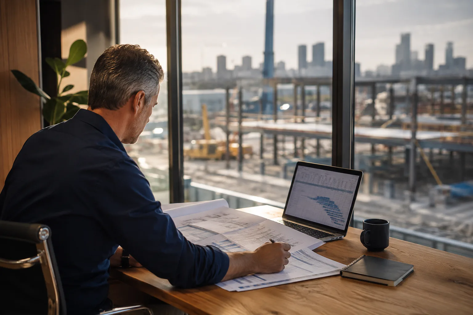 Business owner reviewing project plans and cash-flow requirements